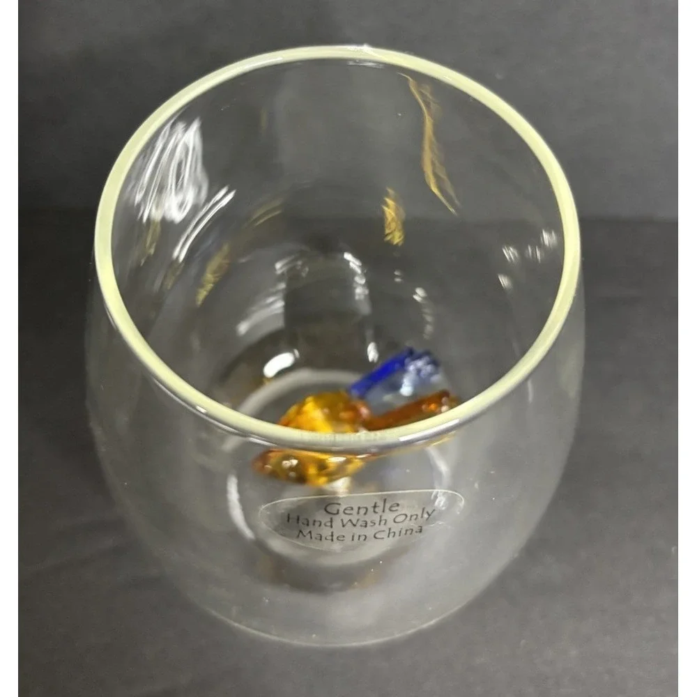 2 Stemless Wine Glasses Handblown Cobalt Blue Octopus and Orange Fish Inside